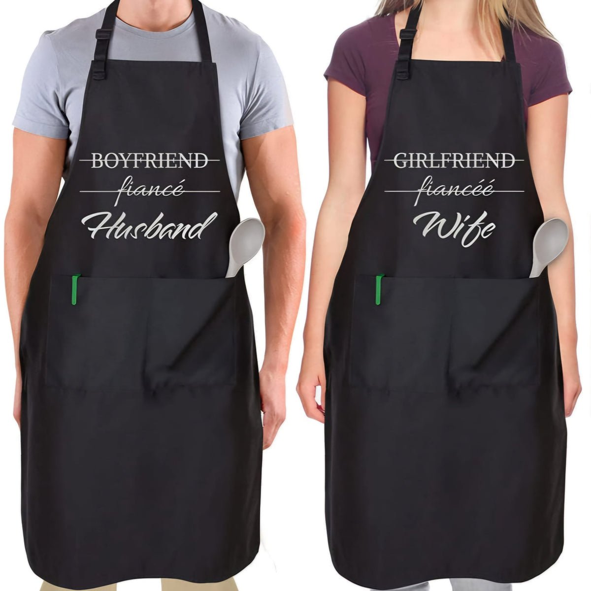 2-Pack Aprons for Women Men & Couples Black Apron with Pockets Husband and Wife
