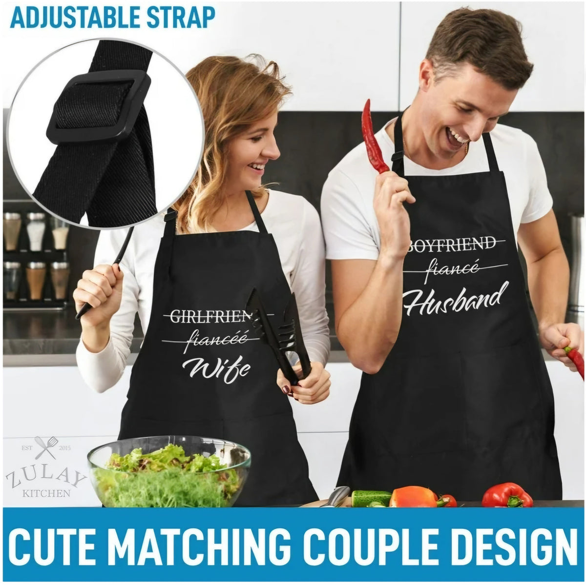 2-Pack Aprons for Women Men & Couples Black Apron with Pockets Husband and Wife